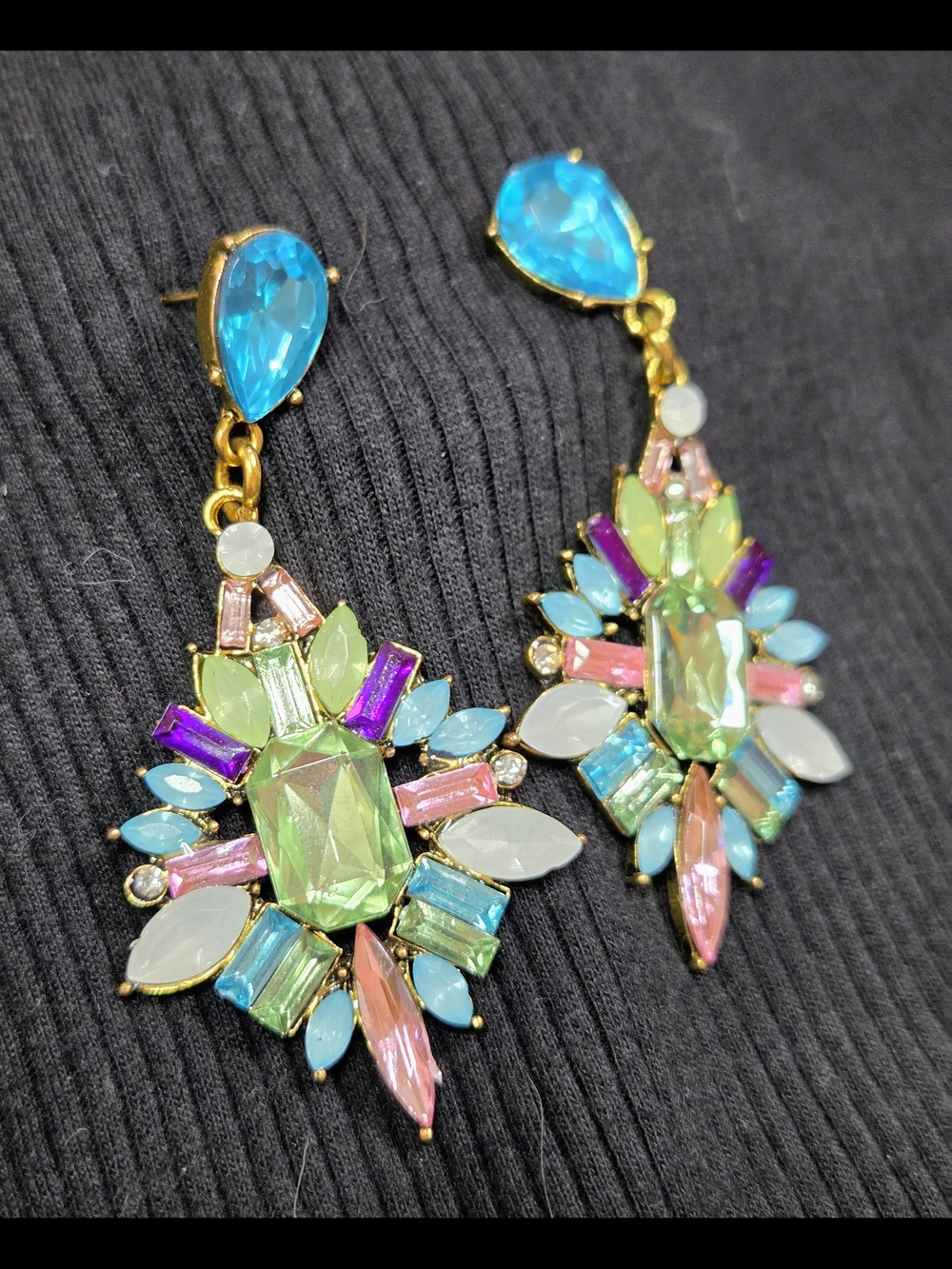 90s Gold-tone Multicolor Crystal Drop Earrings Chunky in Aqua, Lime & Pink